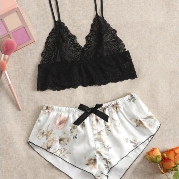 Other - Floral Print Contrast Lace Lingerie Set